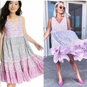 LoveShackFancy Camille Floral Tiered Midi Dress Flowy Tent Pink White Blue XS